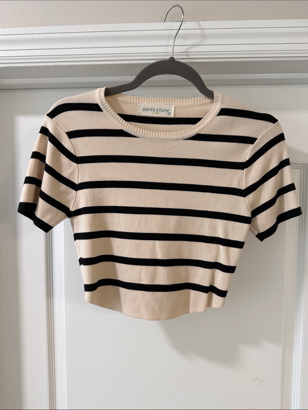 Striped Beige & Black Cropped Knit Tee